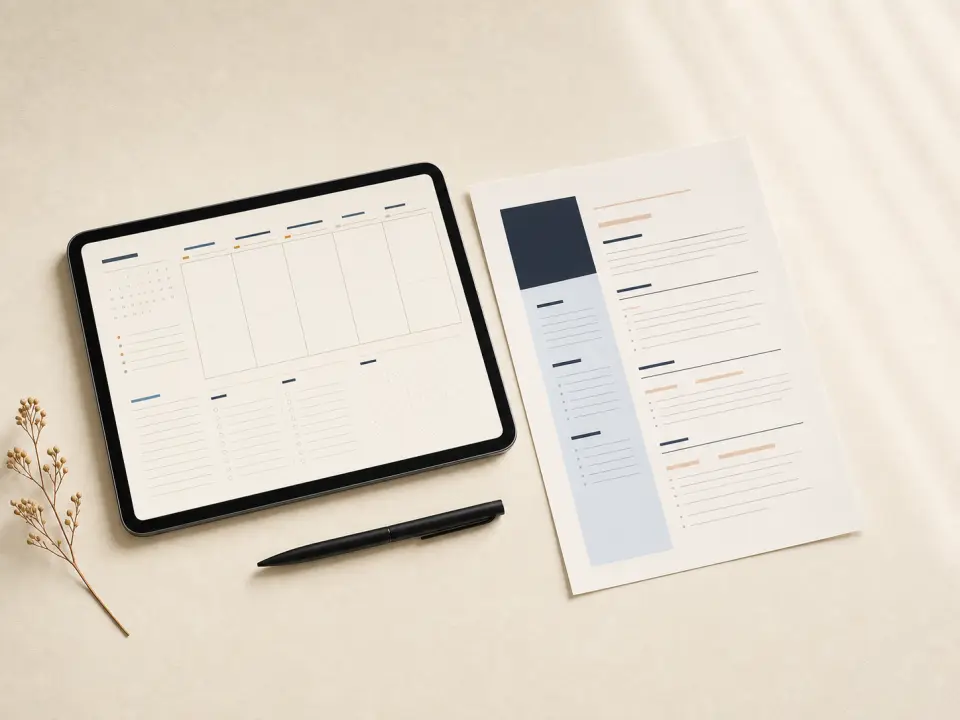 Digital planner and CV layout arranged on a warm studio desk