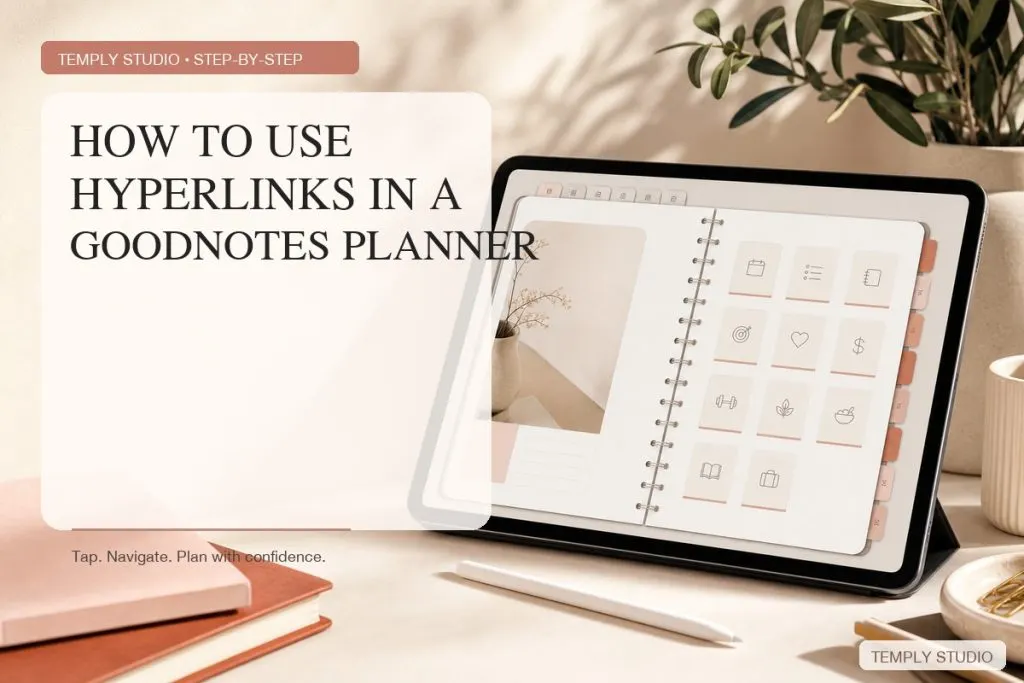 Editorial illustration showing hyperlink navigation in a Goodnotes digital planner