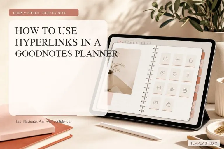Editorial illustration showing hyperlink navigation in a Goodnotes digital planner