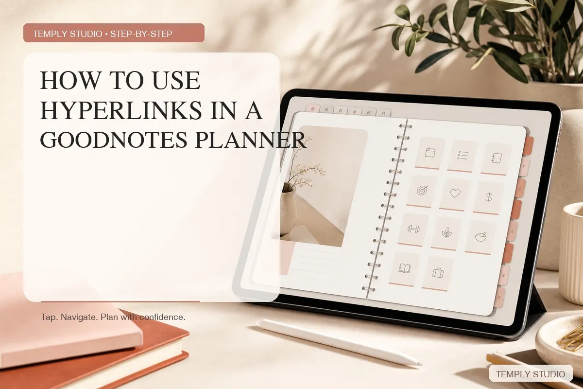 Editorial illustration showing hyperlink navigation in a Goodnotes digital planner