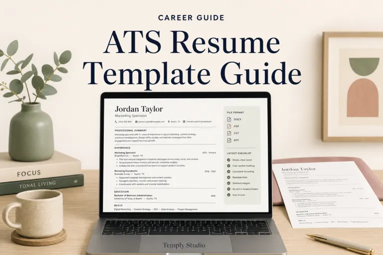 ATS resume template guide on a laptop showing a clear one-column resume layout, file formats, and a readability checklist