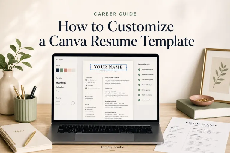 How to customize a Canva resume template on a laptop with editable text, colors, layout controls, and a resume review checklist