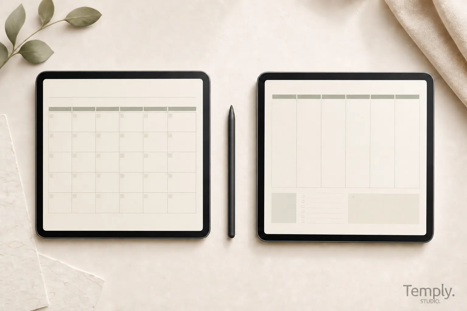 Side-by-side dated and undated digital planner layouts on tablets, with Temply Studio watermark