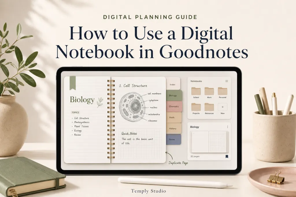 Digital notebook in Goodnotes on a tablet with subject tabs, lined and grid pages, folder organization, bookmarks, and page duplication