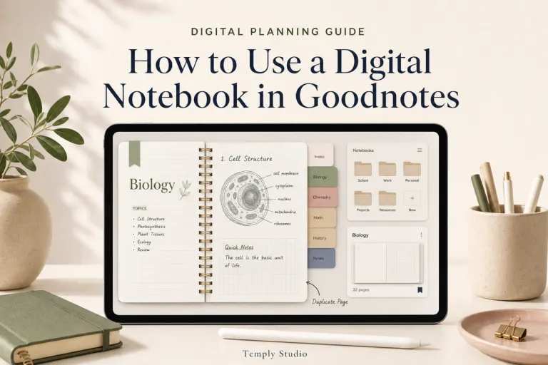 Digital notebook in Goodnotes on a tablet with subject tabs, lined and grid pages, folder organization, bookmarks, and page duplication