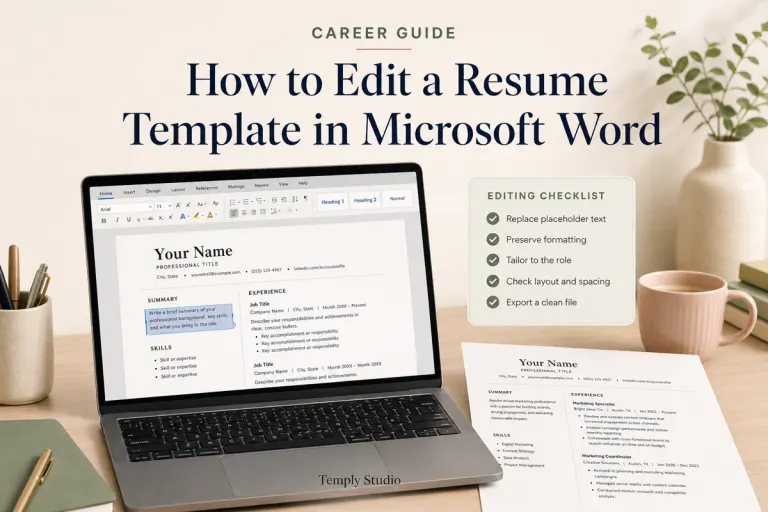 How to edit a resume template in Microsoft Word on a laptop with placeholder text, formatting controls, and a resume editing checklist
