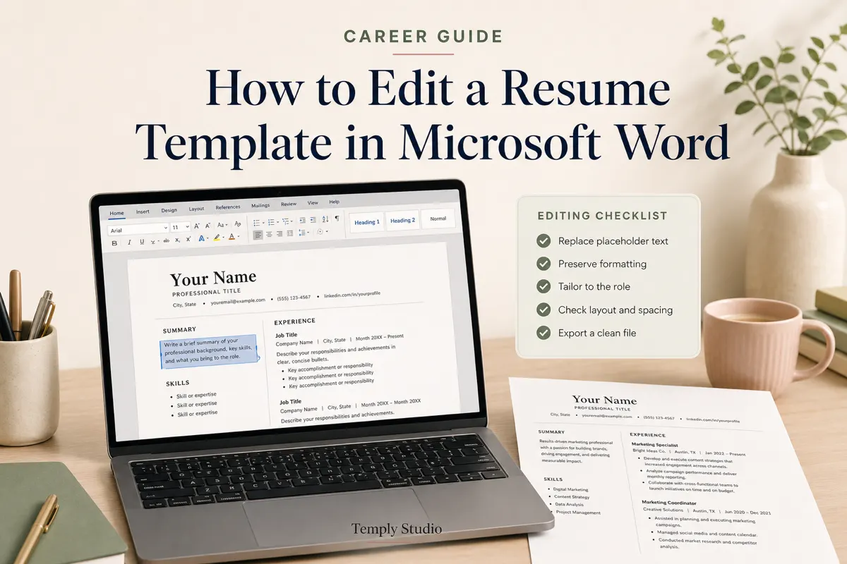 How to edit a resume template in Microsoft Word on a laptop with placeholder text, formatting controls, and a resume editing checklist