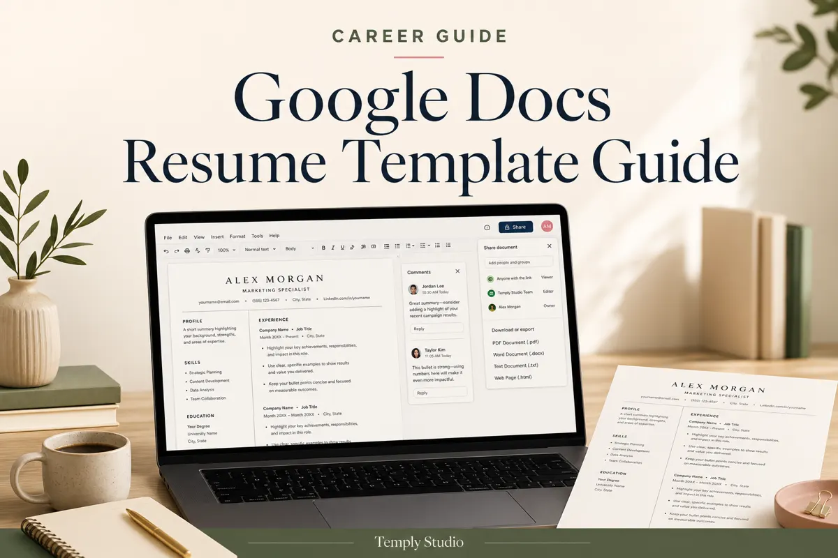Google Docs resume template guide on a laptop with a generic cloud document, comments, sharing controls, and export options