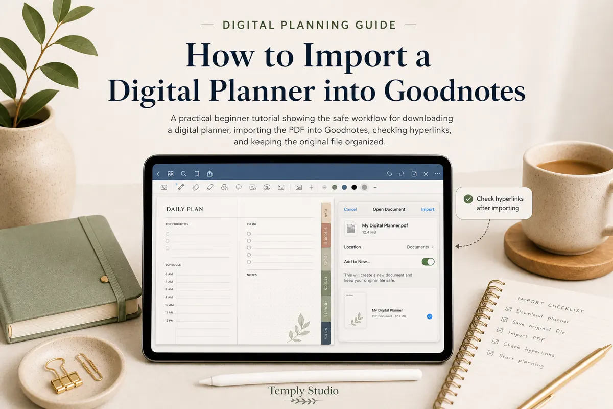 Tablet showing a digital planner PDF import workflow in Goodnotes