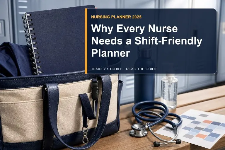 Durable nursing planner in a work tote at hospital lockers with stethoscope and water bottle