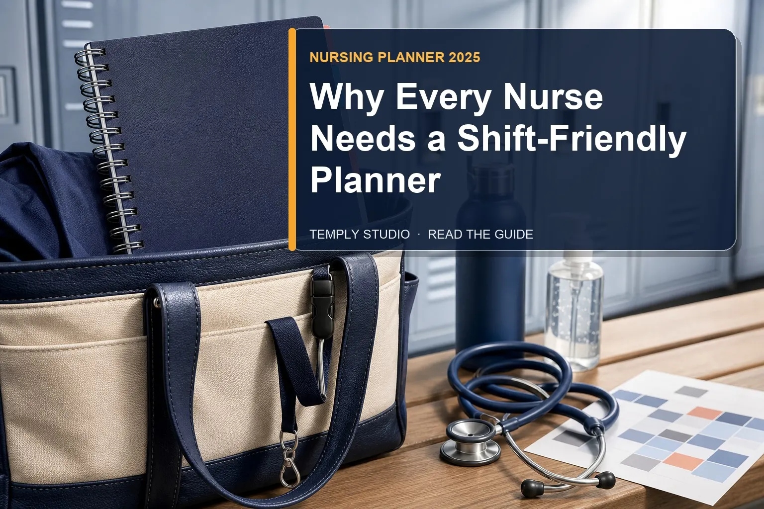 Durable nursing planner in a work tote at hospital lockers with stethoscope and water bottle