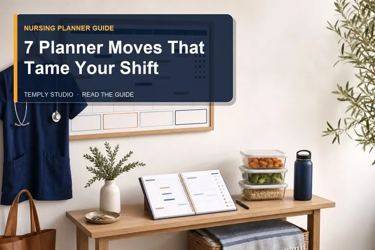 Home command center with shift board, scrubs, meal prep and nursing planner