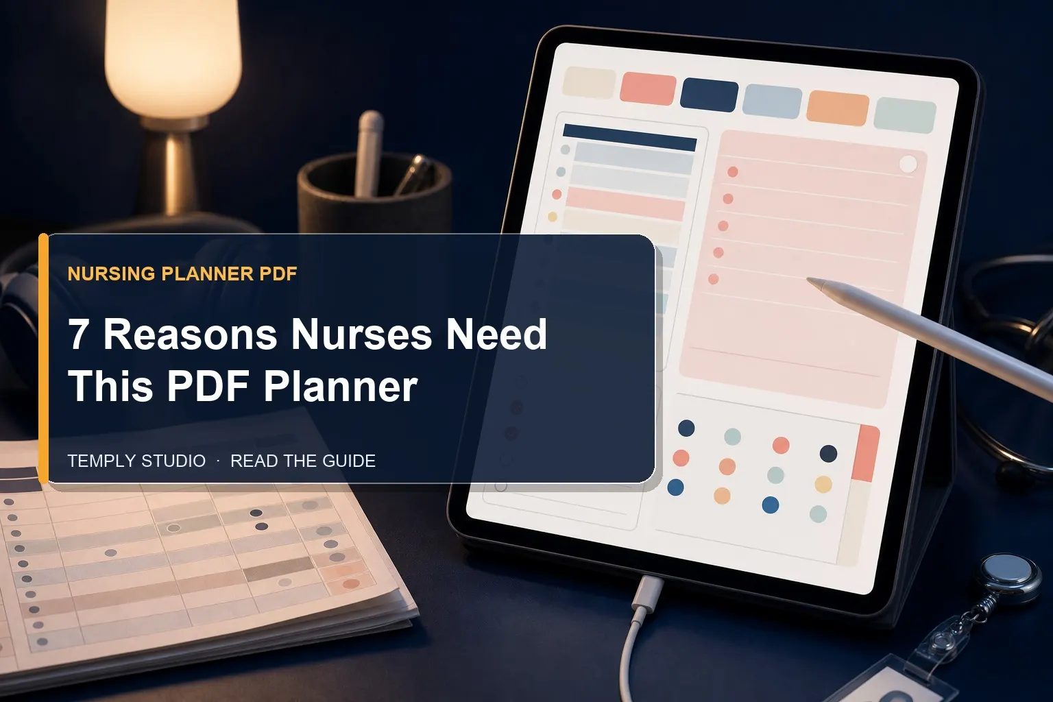 Digital nursing planner PDF on a tablet with stylus, headphones and night lamp