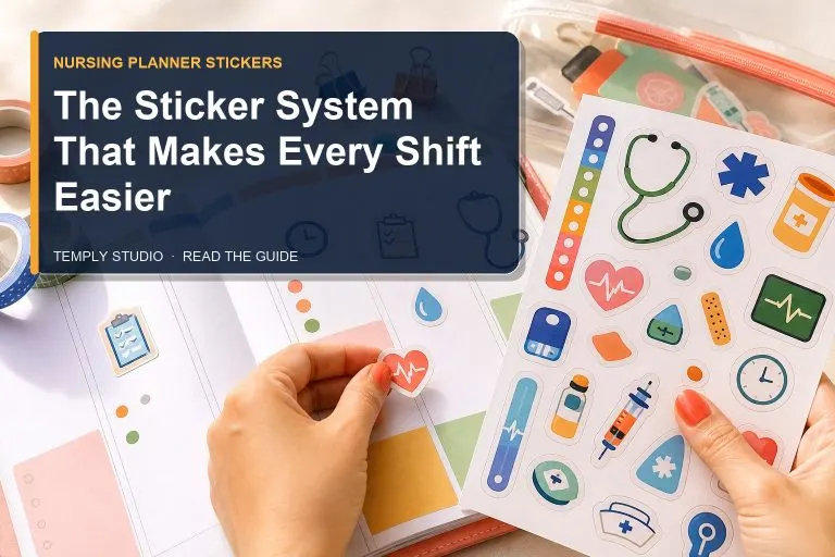 Hands placing nurse-themed planner stickers on a colorful weekly planner