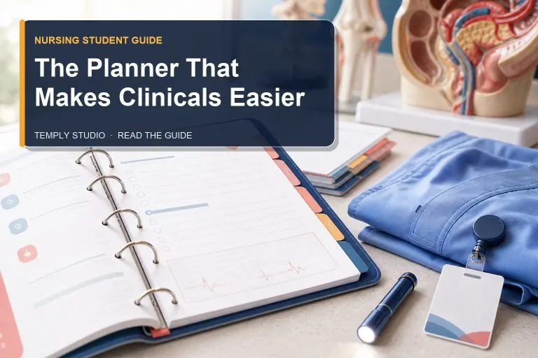 Nursing student clinical planner beside folded scrubs, anatomy models and skills tools