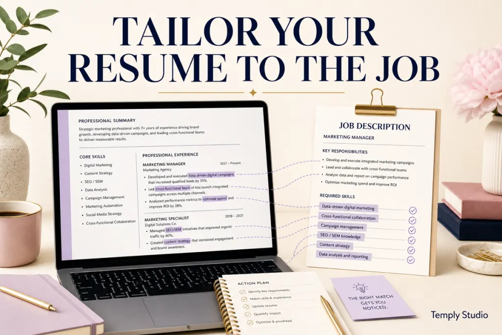Matching resume cover letter templates tailored to a job description with Temply Studio