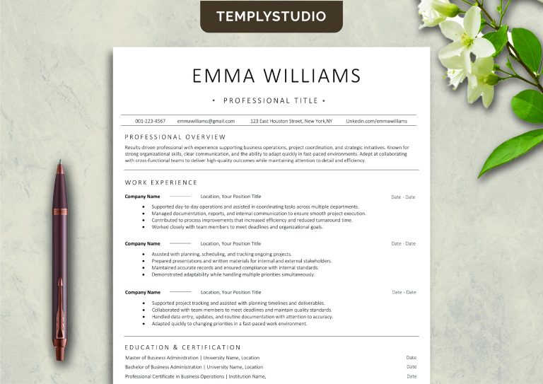ATS Friendly Resume Template for Word Pages Google Docs, Minimalist Professional CV Template, Simple Clean Resume Design, Executive CV 2026