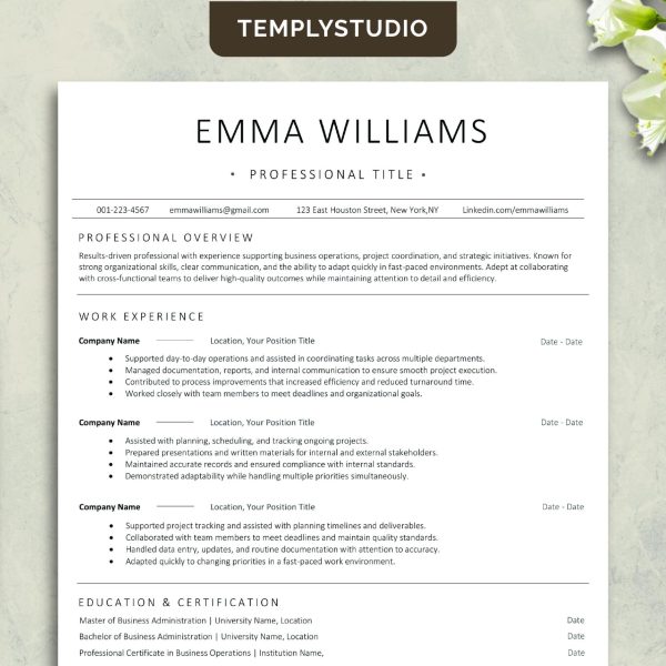 ATS Friendly Resume Template for Word Pages Google Docs, Minimalist Professional CV Template, Simple Clean Resume Design, Executive CV 2026