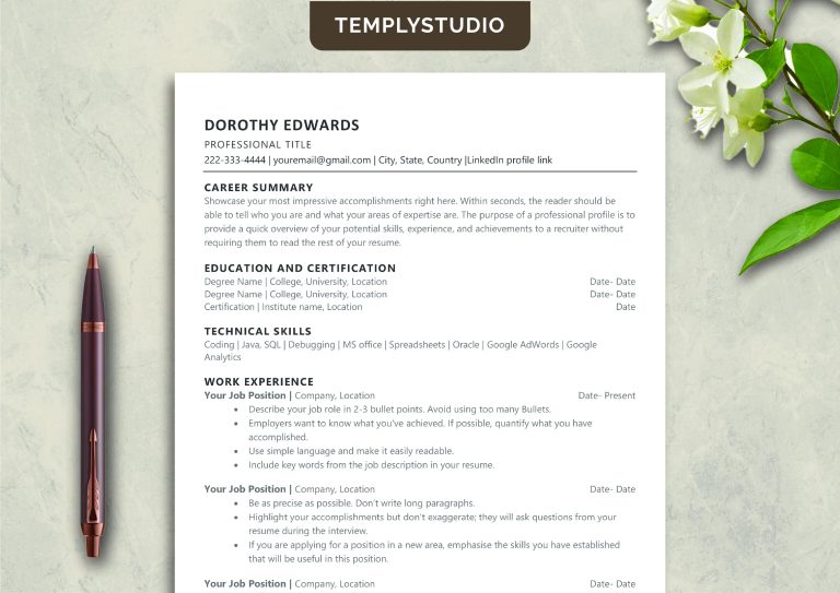 Ats Friendly Resume Template for Word Google Docs Pages, Minimalist Professional CV Template, Simple Clean Resume, ATS CV Design 2025 2026