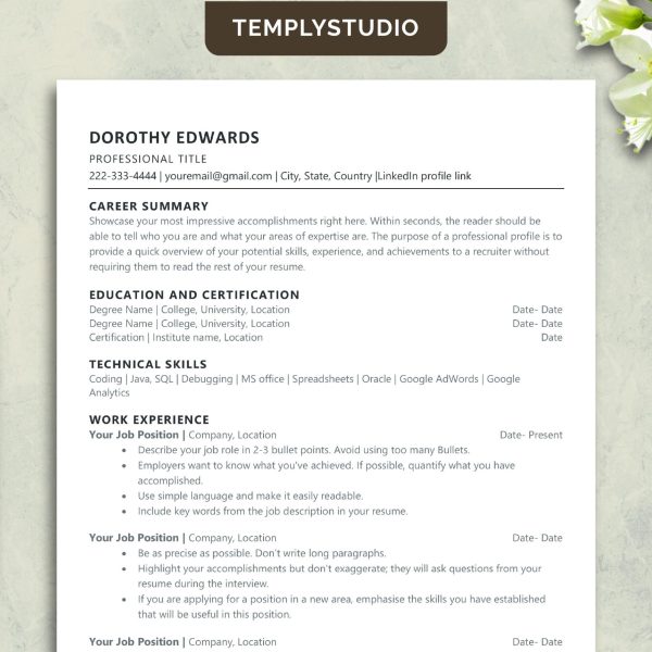 Ats Friendly Resume Template for Word Google Docs Pages, Minimalist Professional CV Template, Simple Clean Resume, ATS CV Design 2025 2026