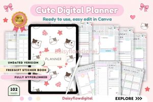 Editable Cute Cat Digital Planner | Canva Template | GoodNotes Notability | Undated Hyperlinked Weekly Monthly Daily