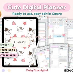 Editable Cute Cat Digital Planner | Kawaii Canva Planner | GoodNotes Notability iPad Planner | Undated Daily Weekly