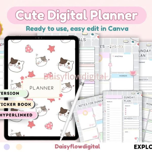 Editable Cute Cat Digital Planner | Kawaii Canva Planner | GoodNotes Notability iPad Planner | Undated Daily Weekly
