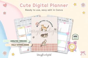 Cute Digital Planner Light Grey | Editable Canva Template | Instant Digital Download | Aesthetic Minimalist Design | Printable PDF