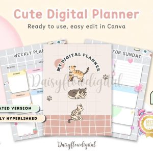 Cute Digital Planner Light Grey | Editable Canva Template | Instant Digital Download | Aesthetic Minimalist Design | Printable PDF