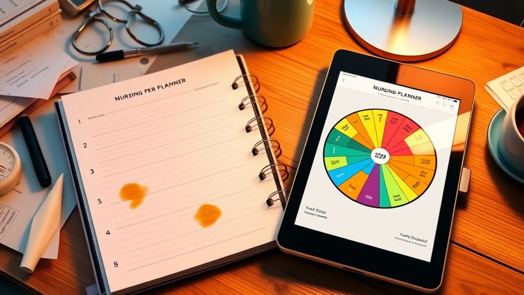 nursing planner 2026 - A split mockup showing a paper nursing planner on a messy de