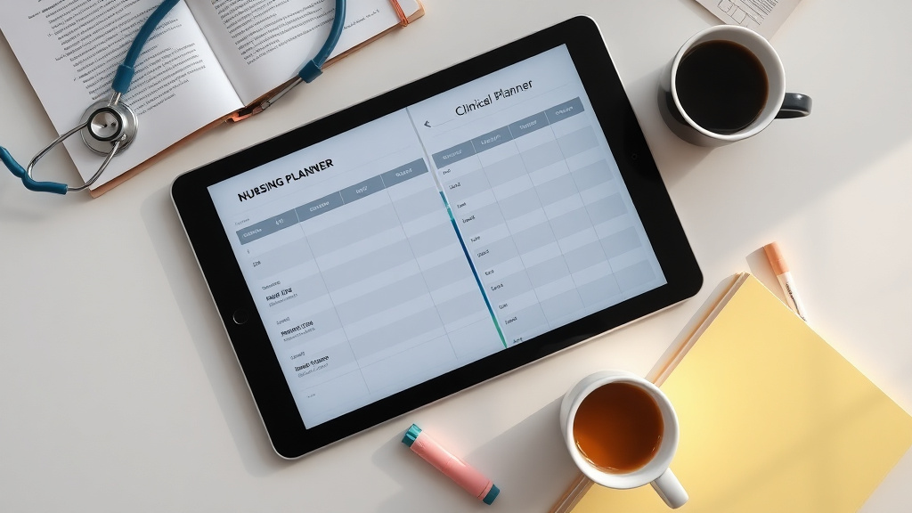 nursing planner 2026 - A hyperrealistic topdown shot of a nursing students desk