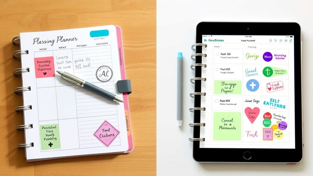 nursing planner stickers - A sidebyside comparison image showing a physical paper pla