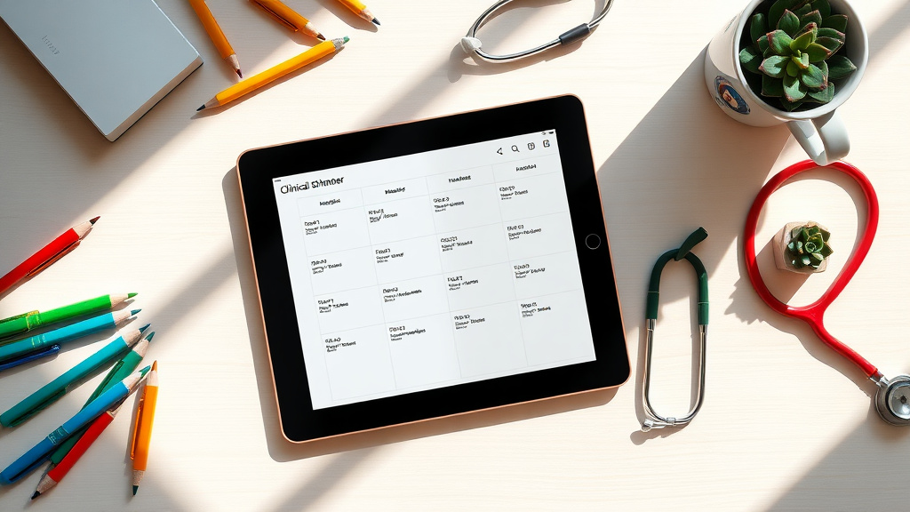 nursing planner student - A hyperrealistic topdown view of a nursing students desk 