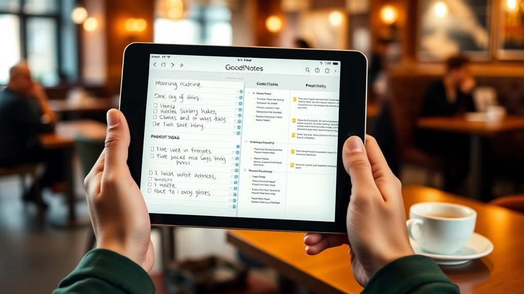 planner goodnotes - A persons hands holding an iPad in a coffee shop