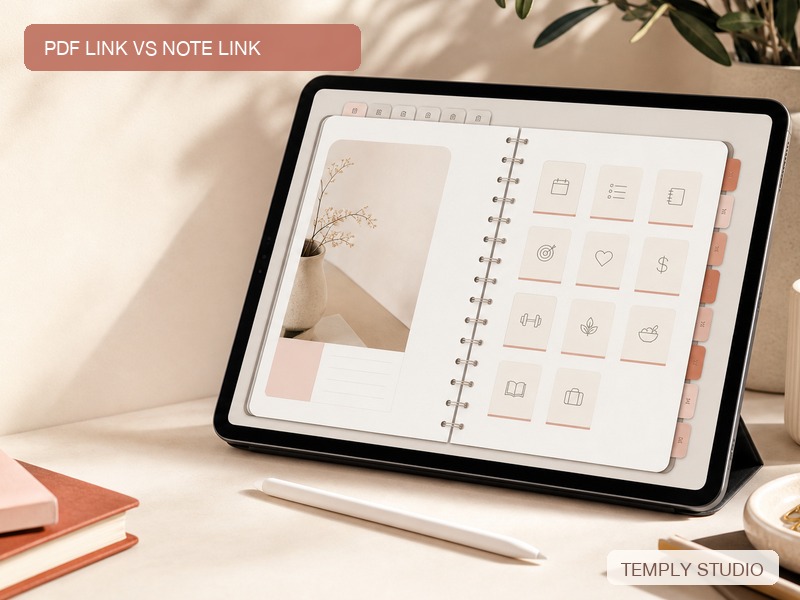 Editorial comparison of an imported planner PDF hyperlink and a link created inside Goodnotes