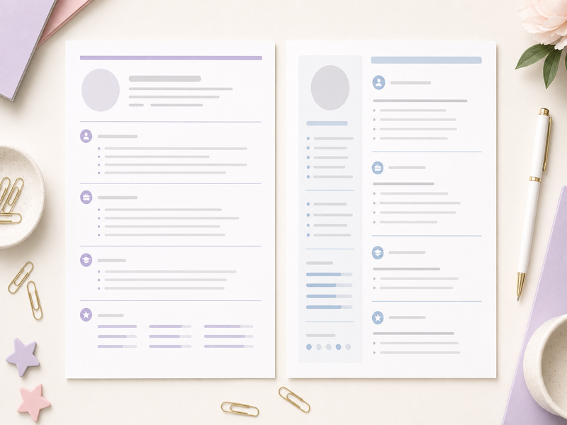 Two clean resume template layouts showing consistent spacing and clear section hierarchy