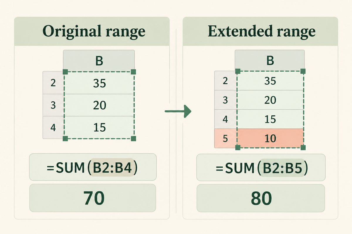 Spreadsheet example: 35 plus 20 plus 15 totals 70; adding 10 and extending the SUM range totals 80