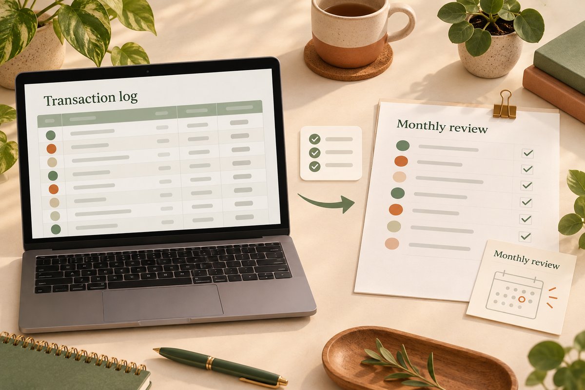 Hybrid budget workflow linking a spreadsheet transaction log to a printable monthly review