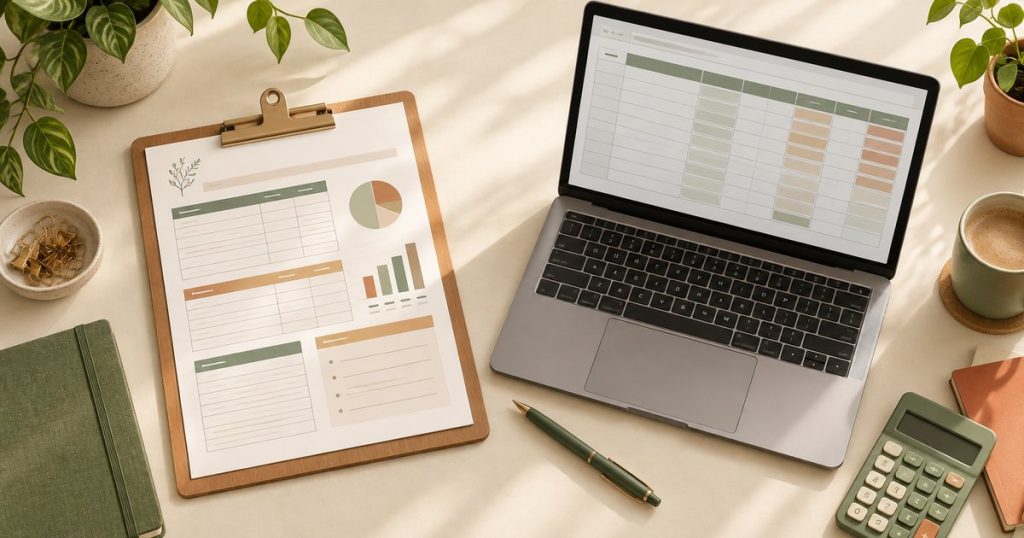 Printable budget planner PDF on a clipboard beside a laptop spreadsheet