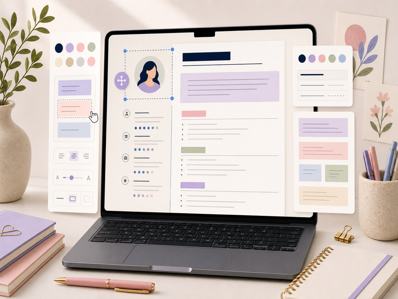 Canva resume template layout being customized with text blocks, color swatches, and alignment controls
