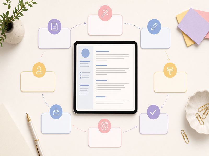 Seven-step Canva resume template customization workflow from editing content to final export
