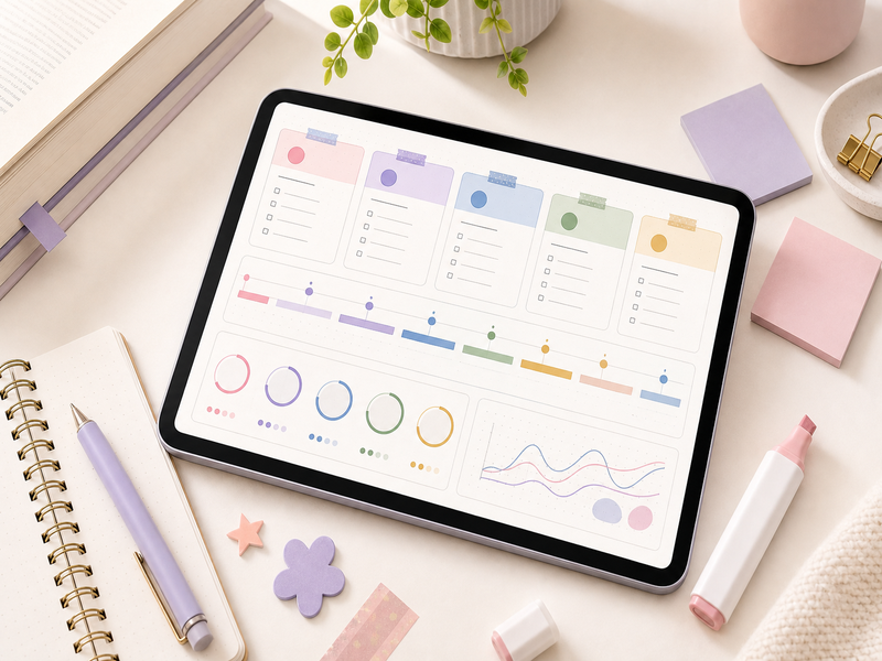 College assignment tracker with deadlines, progress circles, and weekly study timeline