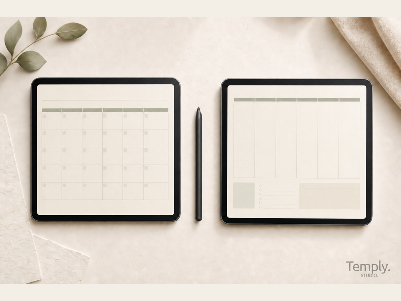 Side-by-side comparison of a structured dated digital planner and a flexible undated weekly planner on tablets