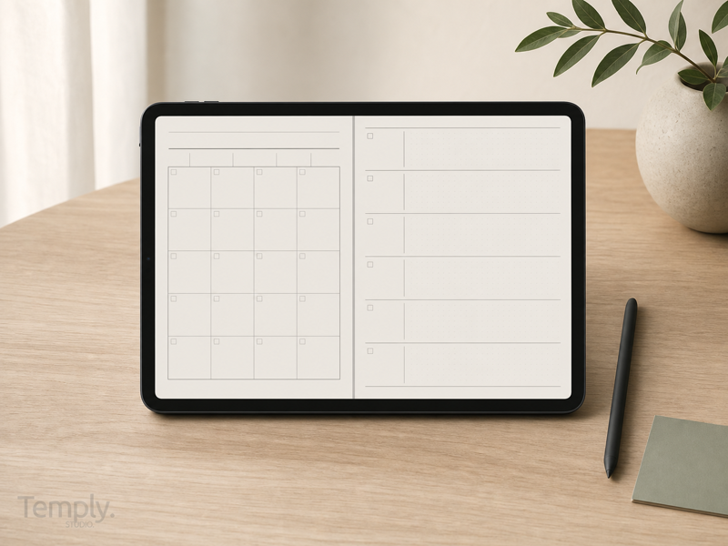 Tablet showing structured dated and flexible undated planner layouts with Temply Studio watermark
