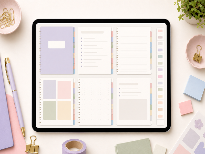 Goodnotes digital notebook with index cards, lined notes, and reusable page layouts