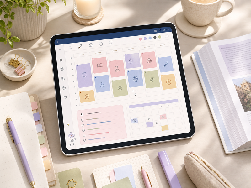 Digital planner class schedule with color-coded study blocks on a college desk