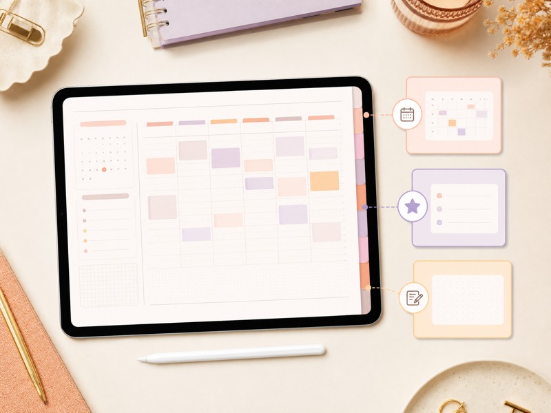 iPad digital planner setup with calendar, priorities, and notes callouts