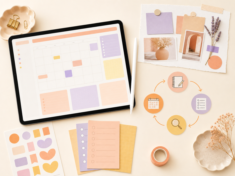 Digital planning workflow with iPad, stickers, checklist, and review cycle