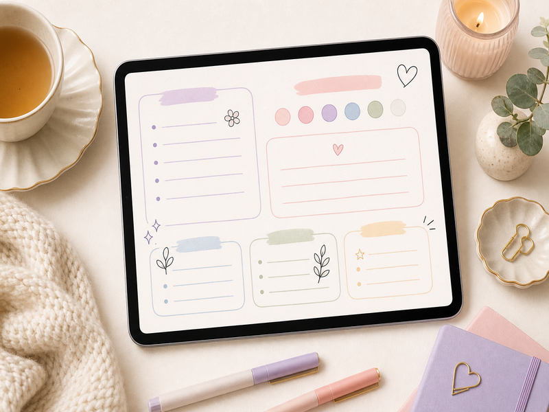 Calm digital wellness journal layout for reflection, gratitude, and weekly planning