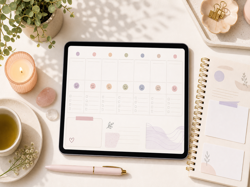 Digital wellness journal weekly reset layout with reflection boxes and mood tracking
